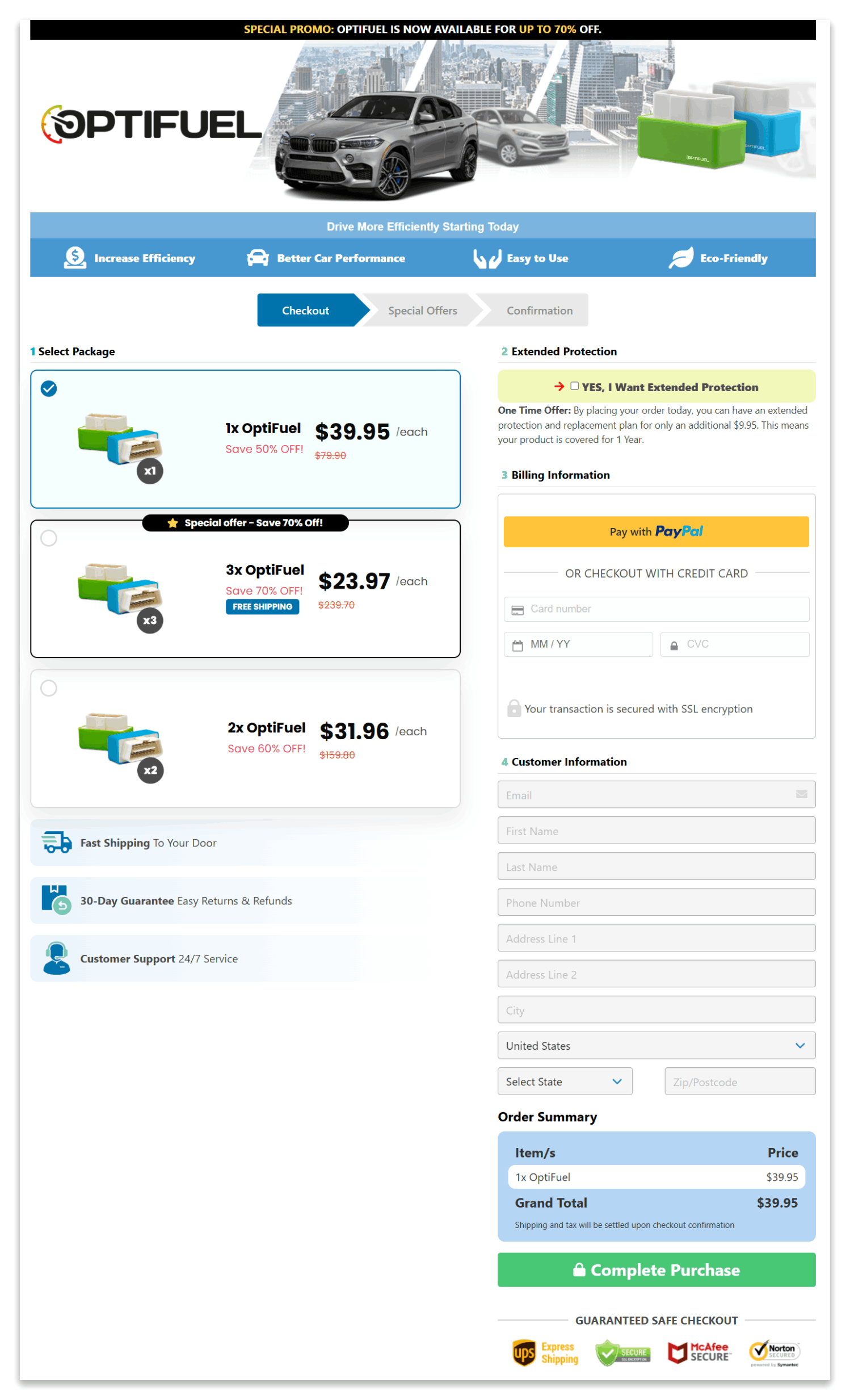 Optifuel checkout page